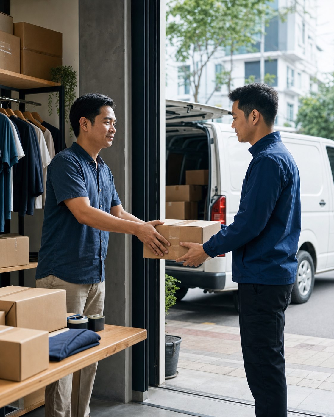 Pemilik toko menyerahkan paket kepada kurir saat pickup